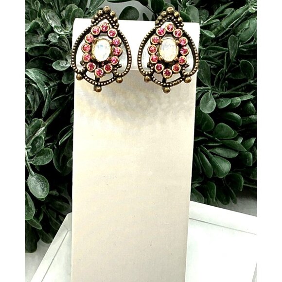 Vintage Inspired Opal and Pink Rhinestone Antique Bronze Screw back Earrings - Picture 5 of 8